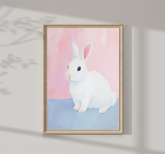 Cute White Bunny Rabbit Pink Blue Pastel Nursery Kids Room Print