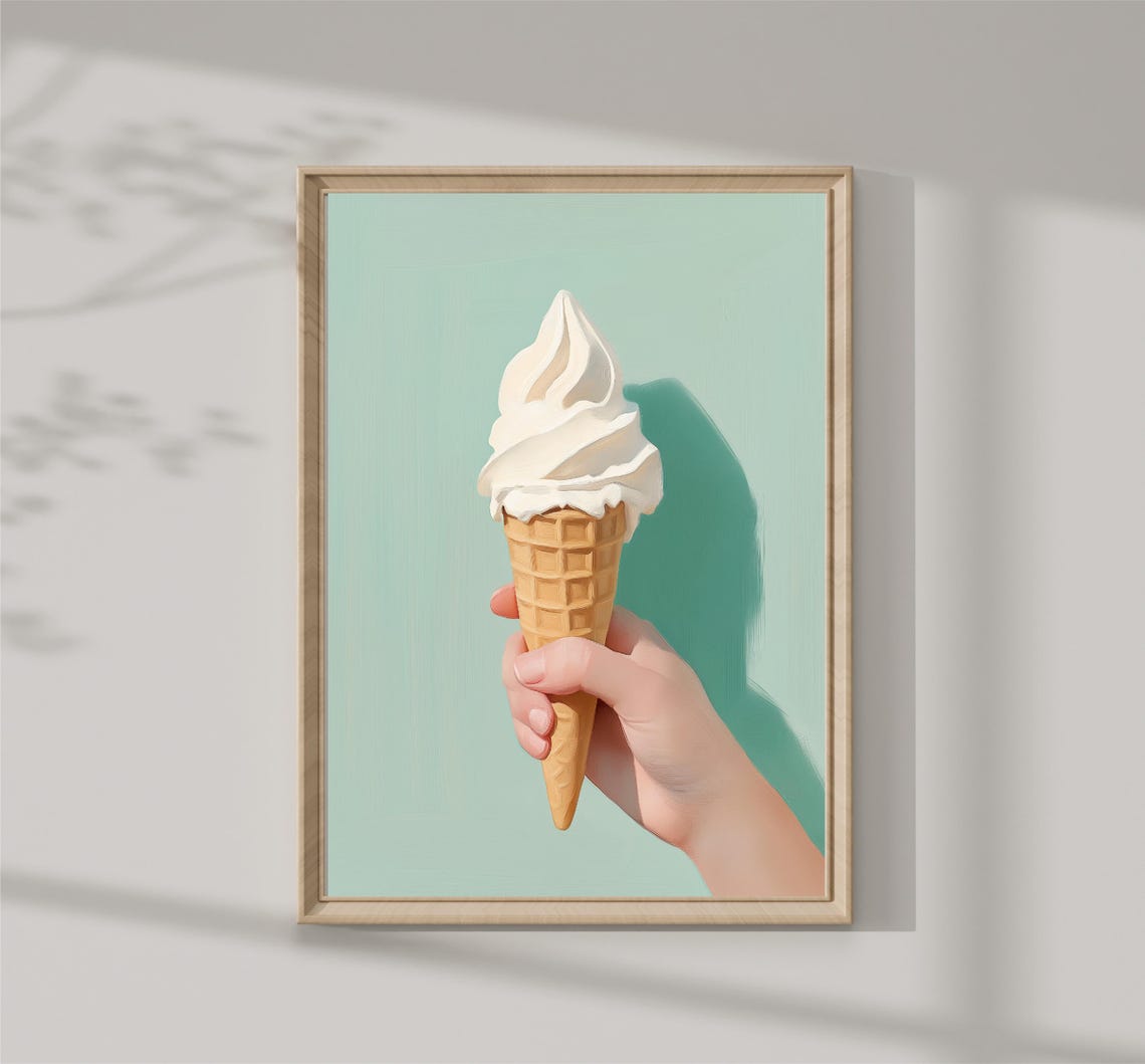 Vanilla Soft Serve Ice Cream Cone Hand Mint Background Art Print