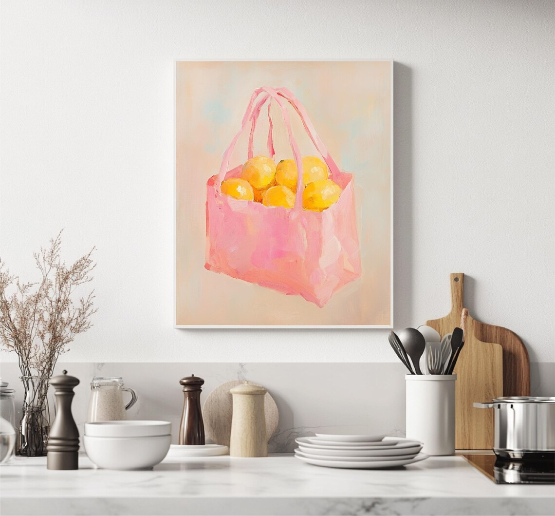 Pink Tote Bag Full Of Yellow Lemons Pastel Kitchen Still Life Poster - Image 5