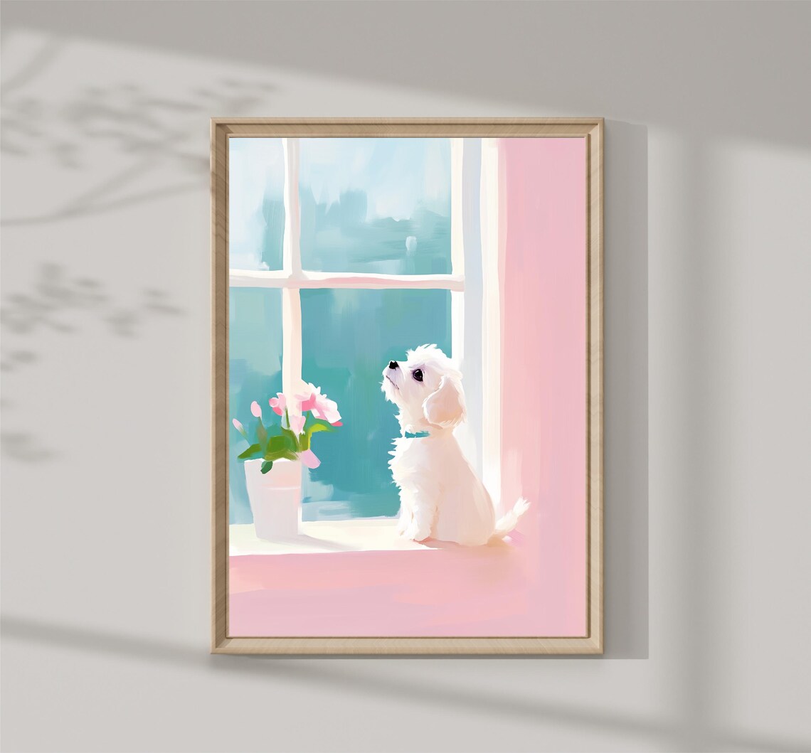 White Puppy Looking Out Window Pastel Nursery Kids Room Art Print