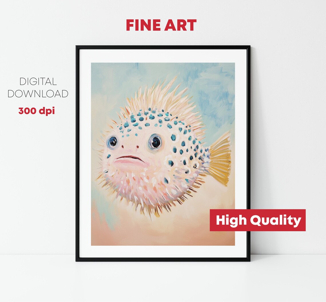 Cute Spotted Pufferfish Portrait Pastel Watercolor Nursery Art Print - Image 2
