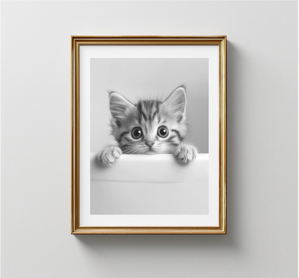 Tabby Kitten Peeking Over Bathtub Black White Cute Cat Photo Print - Image 3