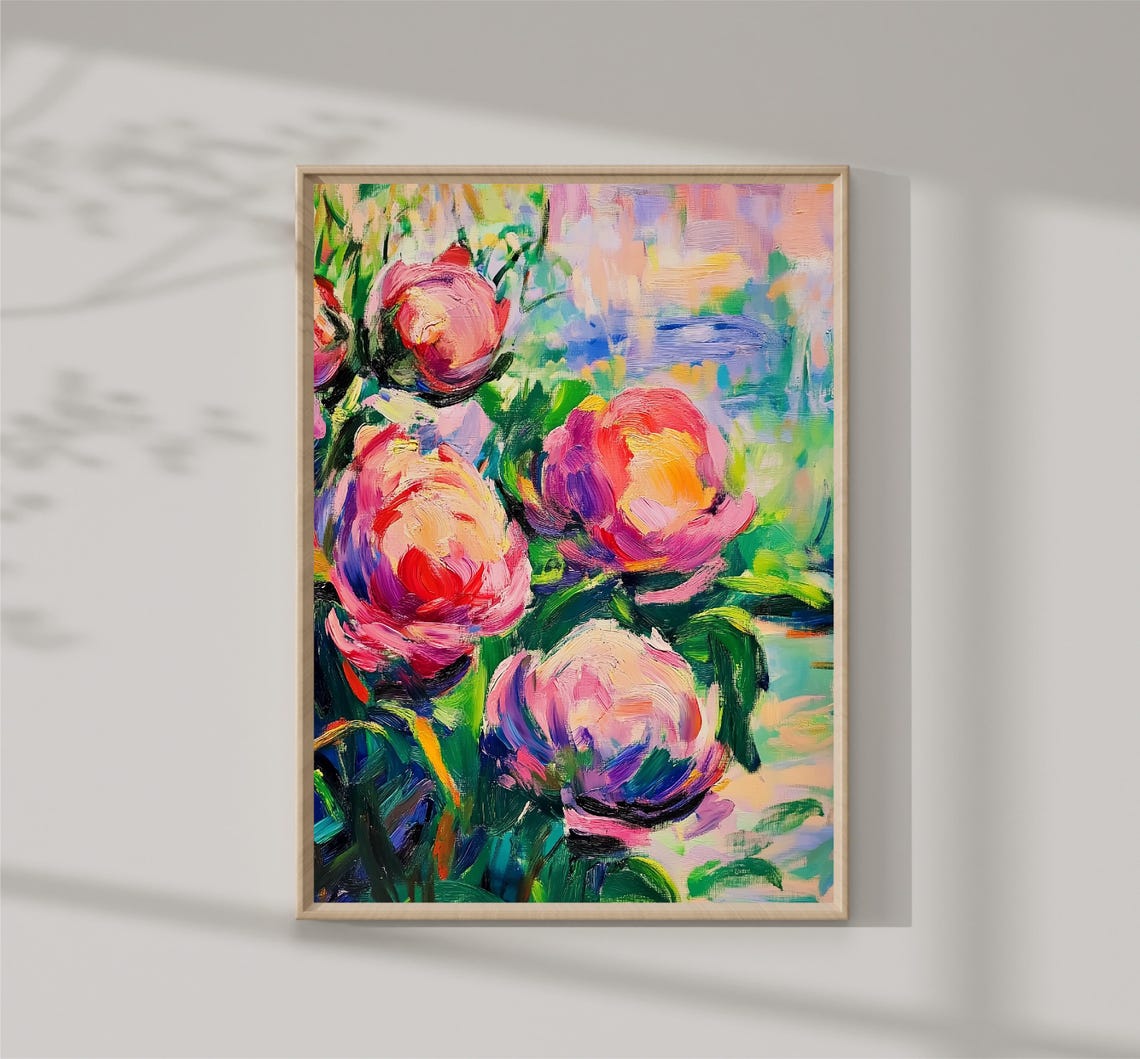 Vibrant Pink Peony Blossoms Impressionist Floral Garden Poster