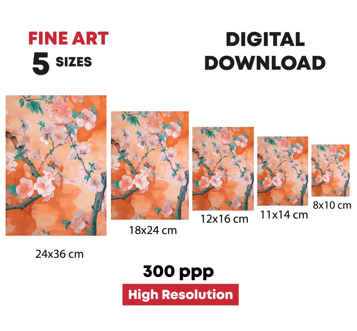 Cherry Blossom Branches Orange Watercolor Japanese Floral Poster - Image 4