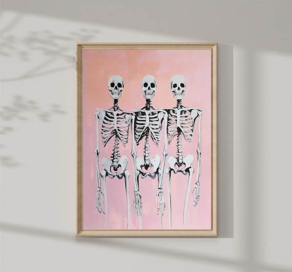 Three Skeleton Friends Pink Pastel Halloween Party Spooky Print