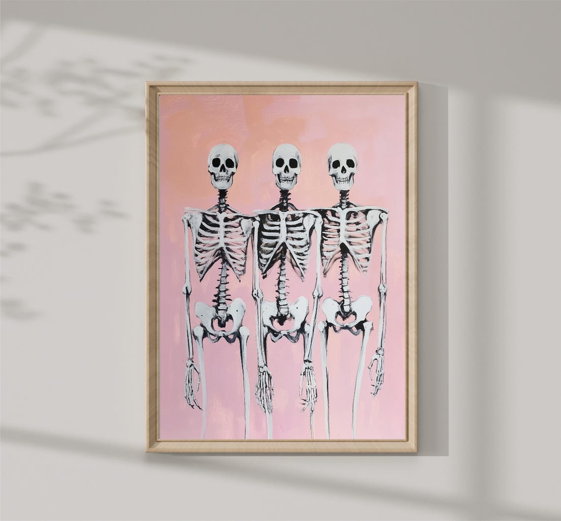 Three Skeleton Friends Pink Pastel Halloween Party Spooky Print