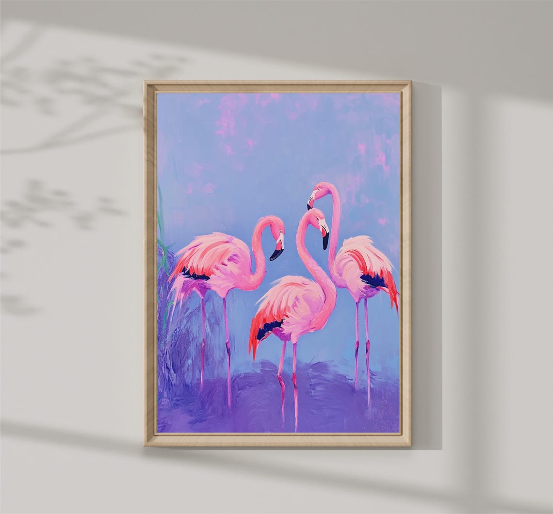 Three Pink Flamingos Purple Twilight Watercolor Coastal Bird Art Print