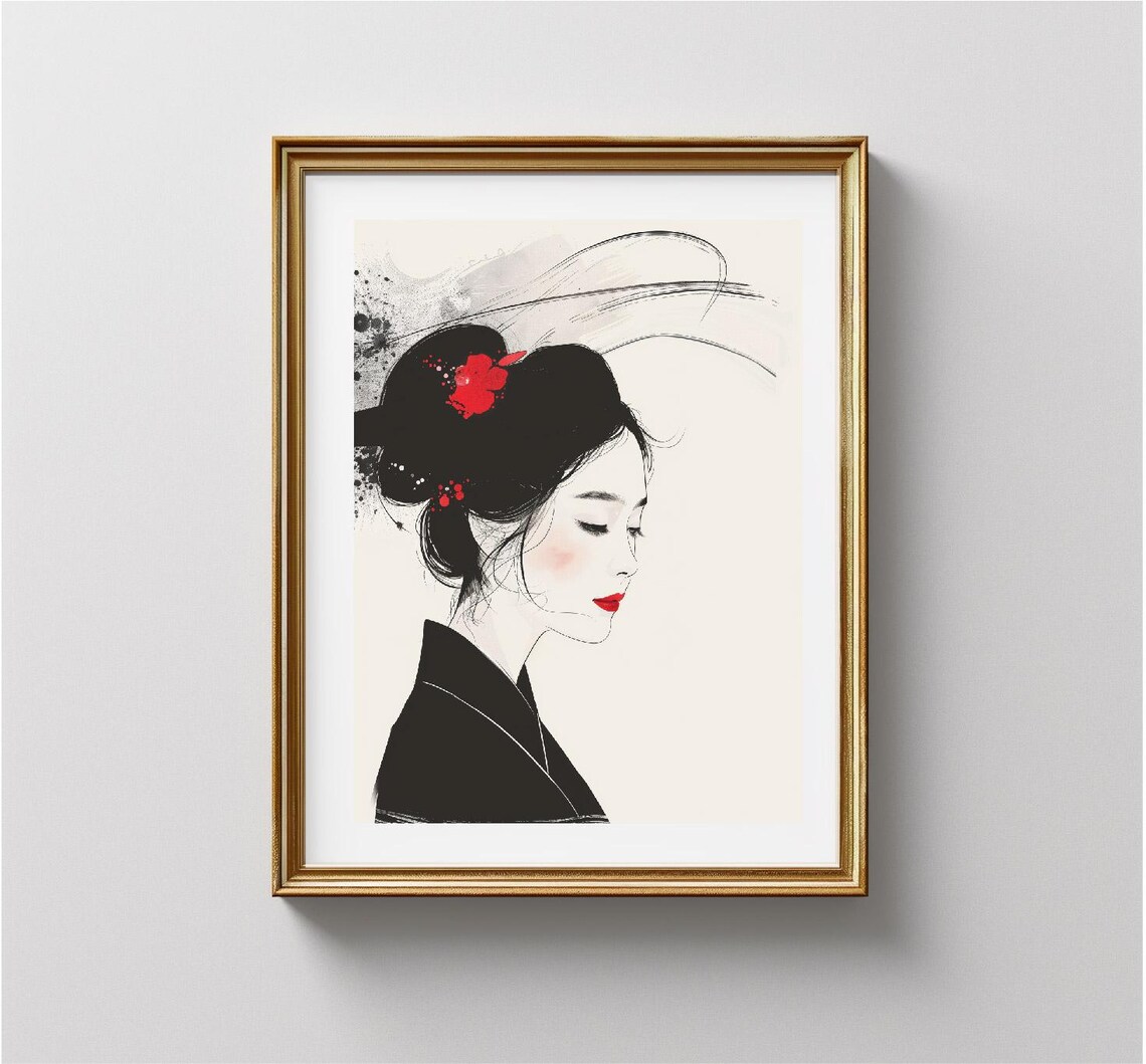 Elegant Geisha Woman Red Flower Ink Illustration Japanese Art Print - Image 3