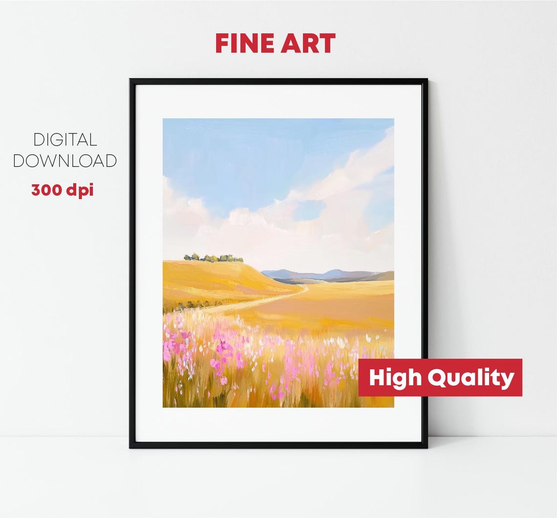 Golden Wheat Field Pink Wildflowers Blue Sky Countryside Poster - Image 2