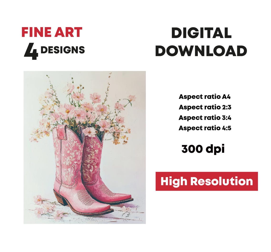 Trendy Illustration Of Colorful Cowgirl Boots With Flowers Print Cowgirl Prints Coquette Cowgirl Cow Girl Wall Art Trendy Decor - Image 3