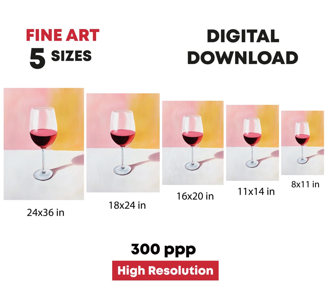 Red Wine Glass Pastel Pink Yellow Minimalist Bar Kitchen Art Print - Image 4