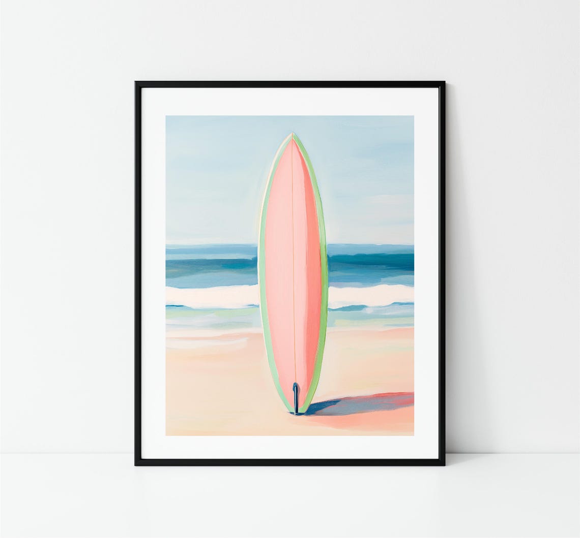 Pink Surfboard Sandy Beach Ocean Waves Retro Surf Summer Wall Art - Image 3