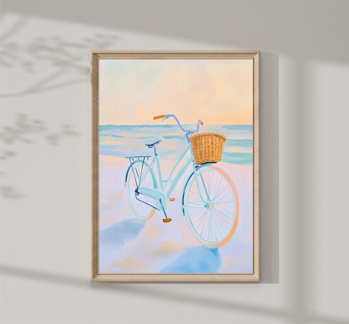 Blue Beach Cruiser Bike Wicker Basket Pastel Sunset Ocean Art Print