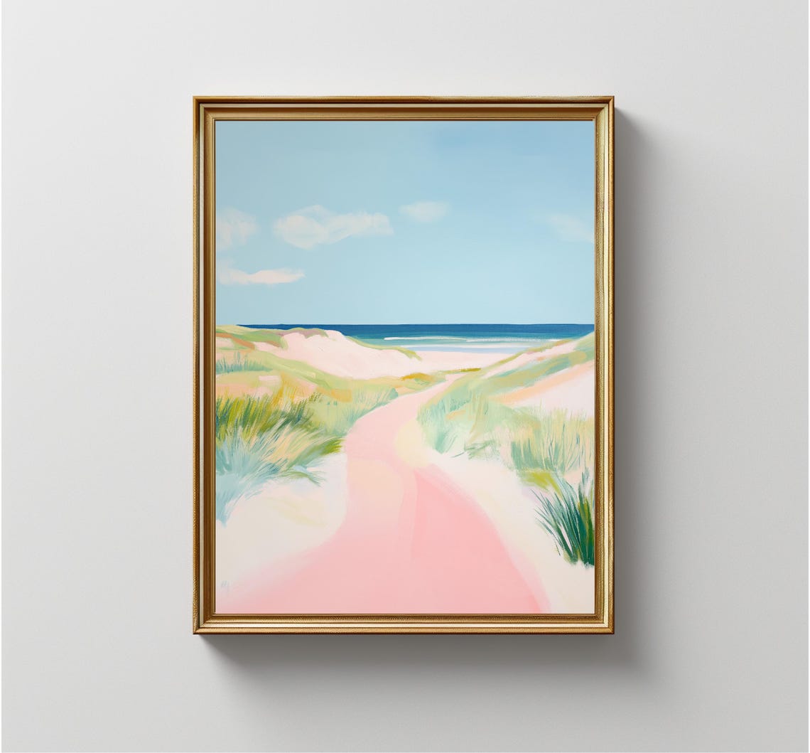 Pink Beach Dune Path Ocean Horizon Pastel Coastal Summer Travel Poster - Image 4
