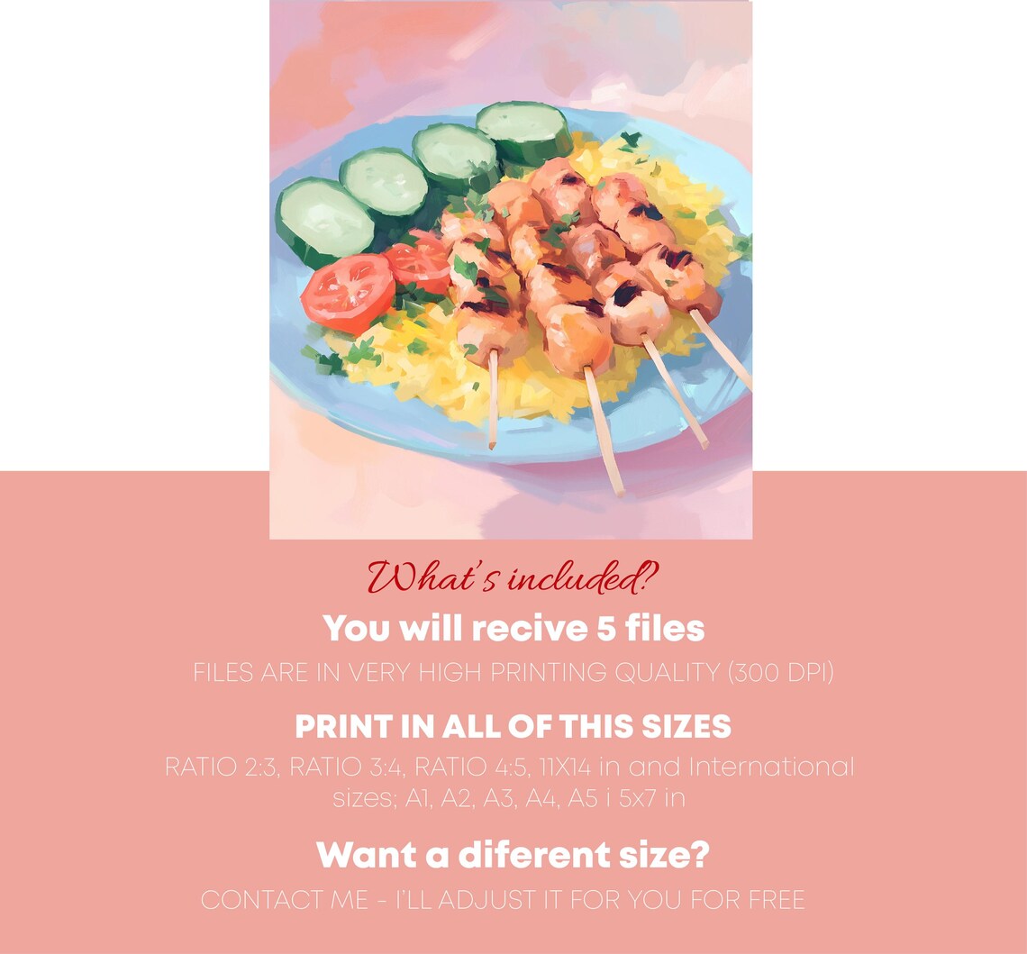 Grilled Chicken Skewers Plate Painting Pink Background Kitchen Poster - Image 2