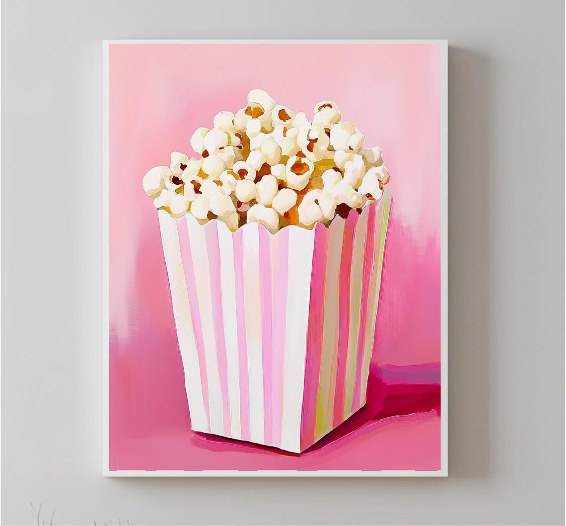 Pink Striped Popcorn Box On Pink Background Fun Snack Art Poster