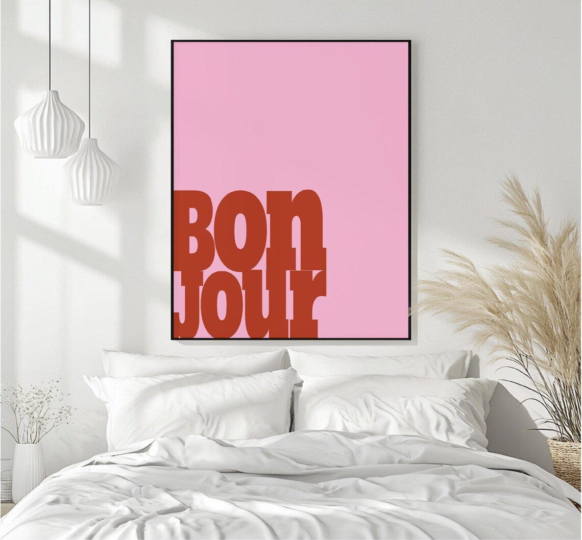 Bon Jour Bold Red Typography Pink Background French Wall Art - Image 3