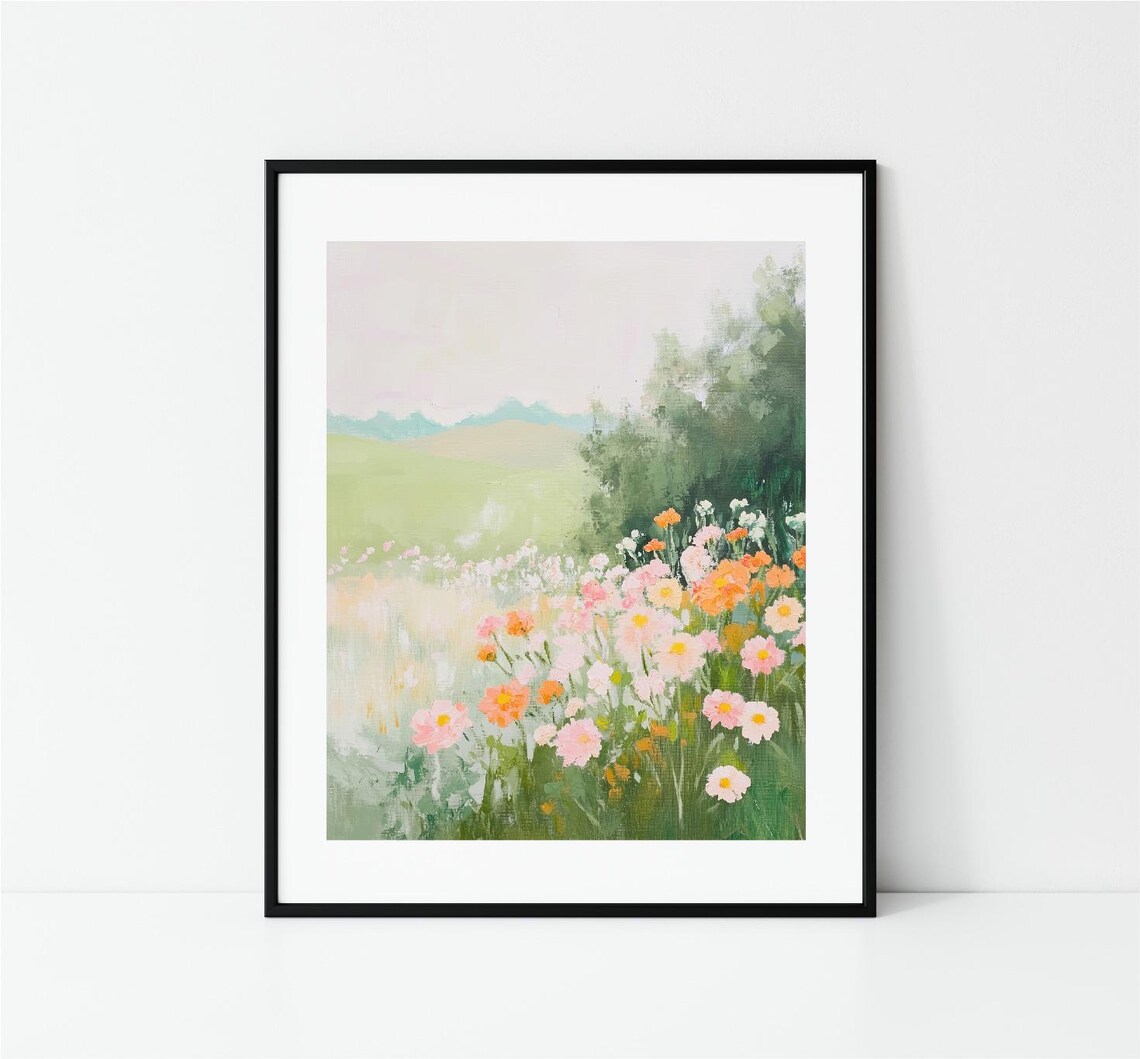 Wildflower Meadow Pastel Cosmos Field Green Hills Landscape Poster - Image 3