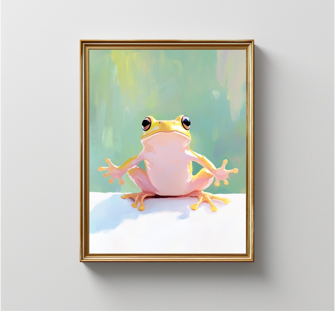 Cute Pink Tree Frog Big Eyes Pastel Green Nursery Wall Art Print - Image 3