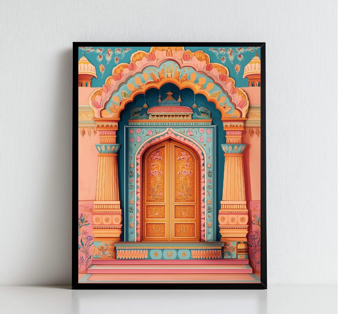 Jaipur India Palace Door Illustration Teal Peach Arches Travel Poster - Image 2