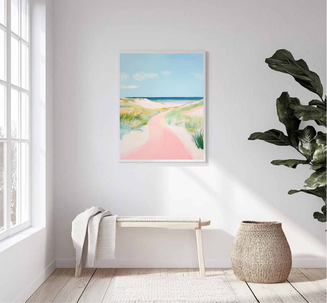 Pink Beach Dune Path Ocean Horizon Pastel Coastal Summer Travel Poster - Image 5