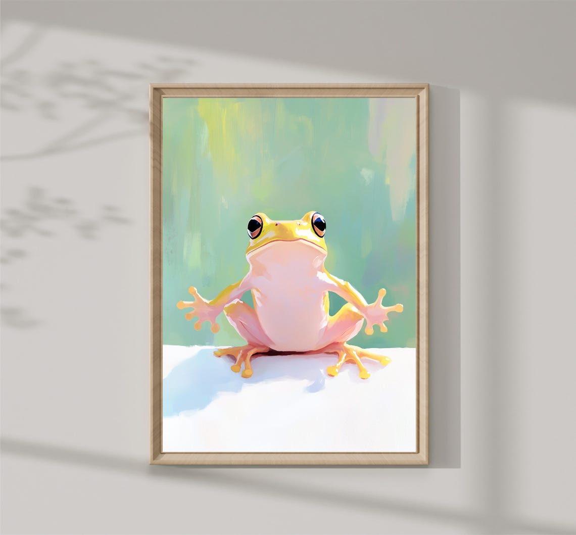 Cute Pink Tree Frog Big Eyes Pastel Green Nursery Wall Art Print