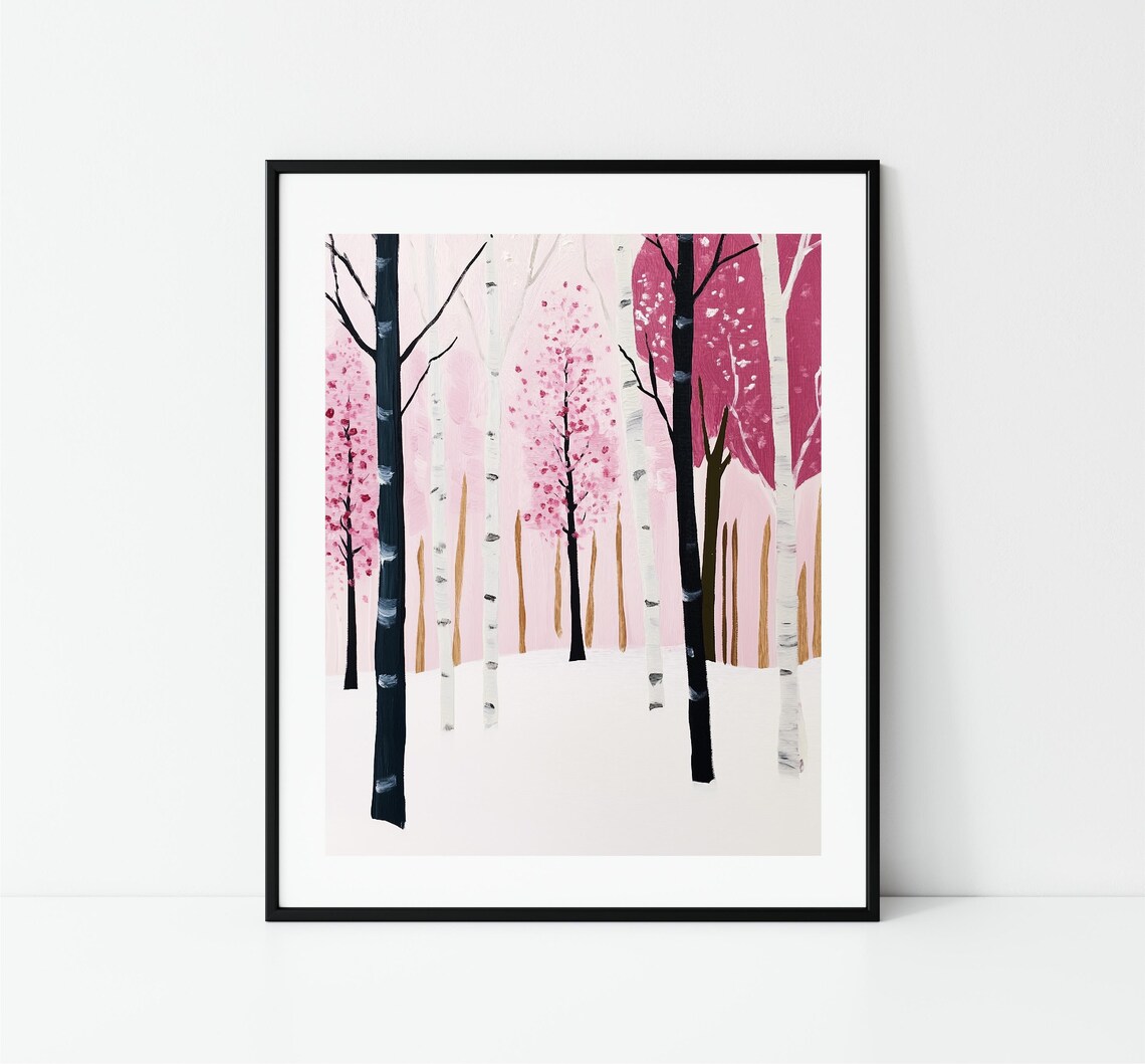 Pink Birch Forest In Snow Winter Wonderland Trees Pastel Print - Image 3