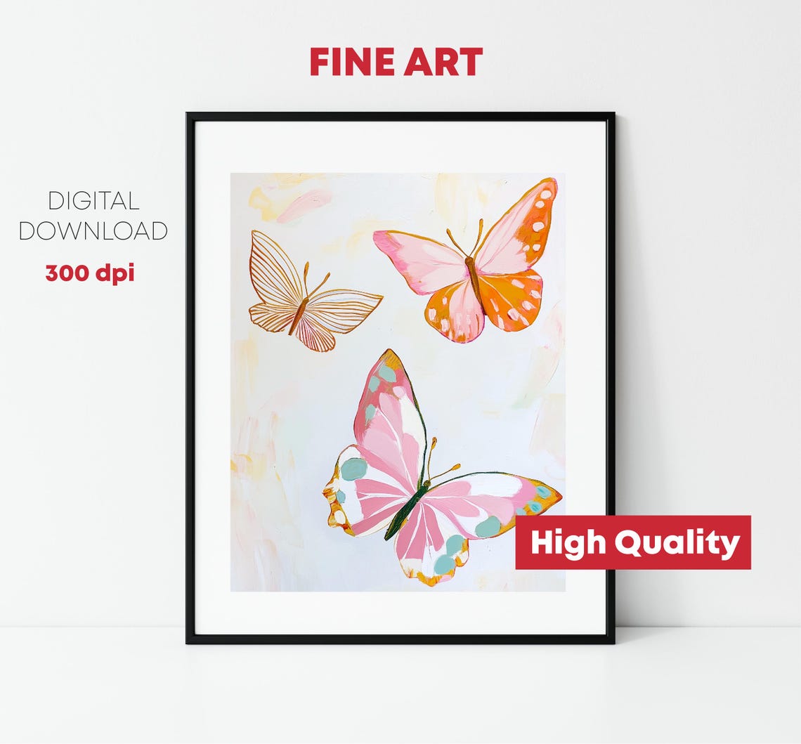 Three Pink Orange Butterflies Botanical Pastel Insect Art Print - Image 2