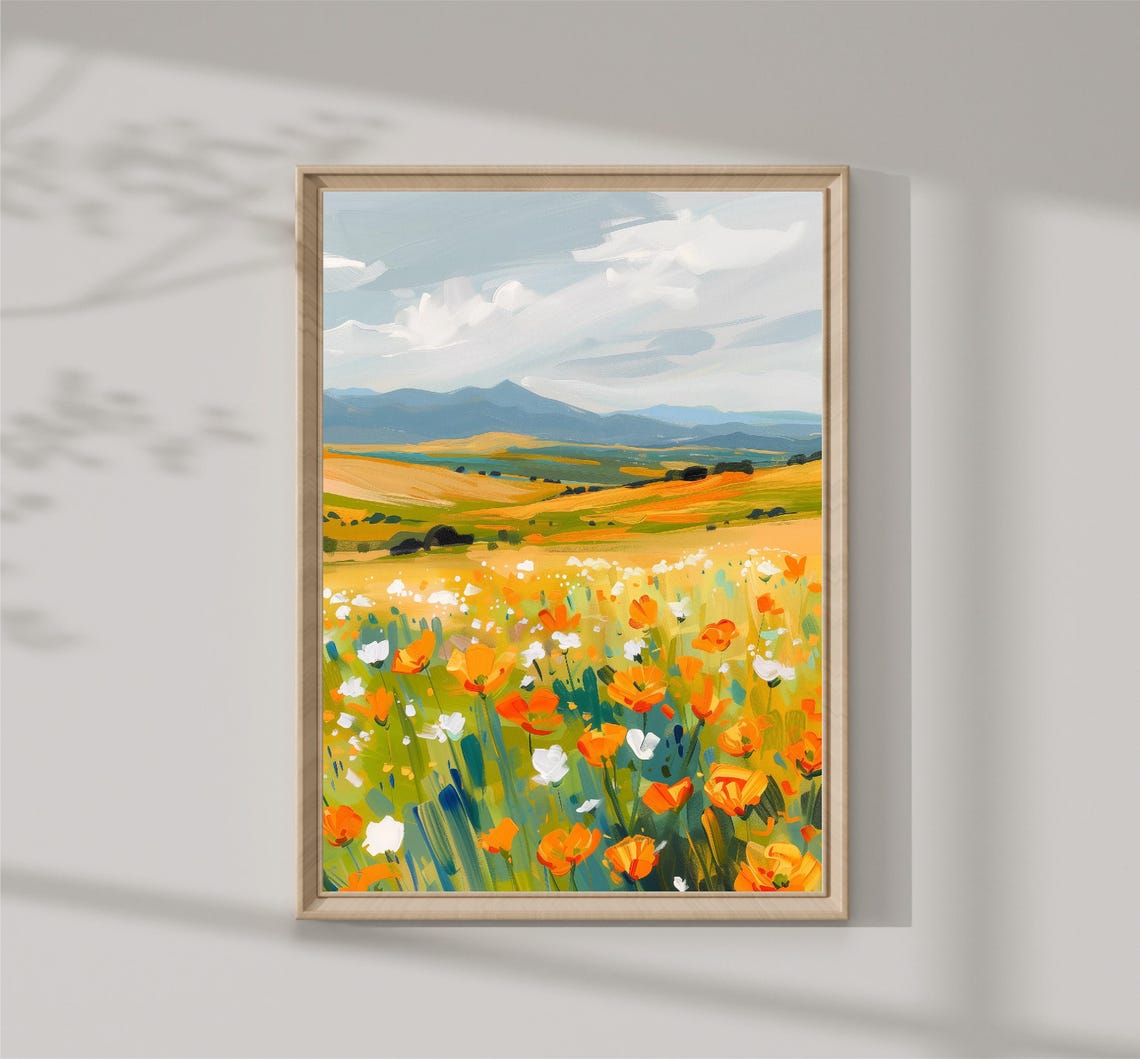 Wildflower Meadow Orange Poppies Mountain View Spring Landscape Poster