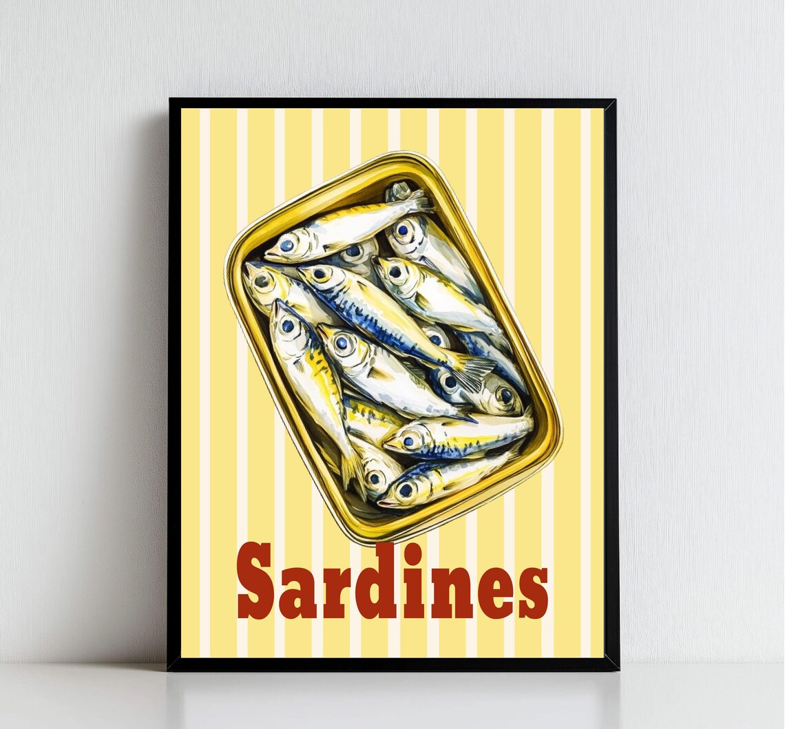 Sardines Tin Illustration Yellow Striped Background Kitchen Poster - Image 2