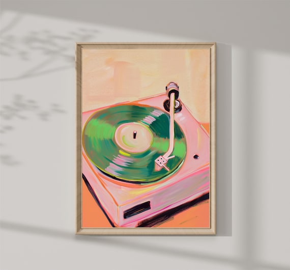 Pink Record Player Green Vinyl Retro Turntable Music Room Art Print