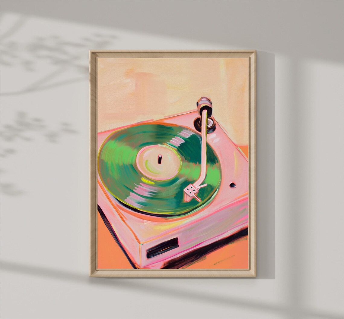 Pink Record Player Green Vinyl Retro Turntable Music Room Art Print