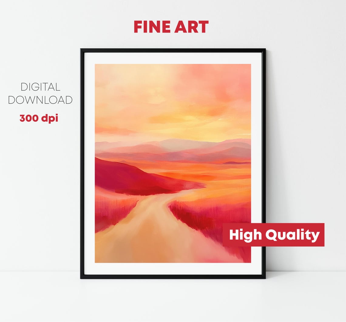 Fiery Sunset Desert Path Red Orange Abstract Landscape Art Print - Image 2