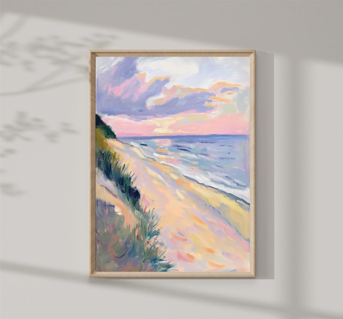 Pastel Beach Dunes Sunset Pink Clouds Impressionist Coastal Poster