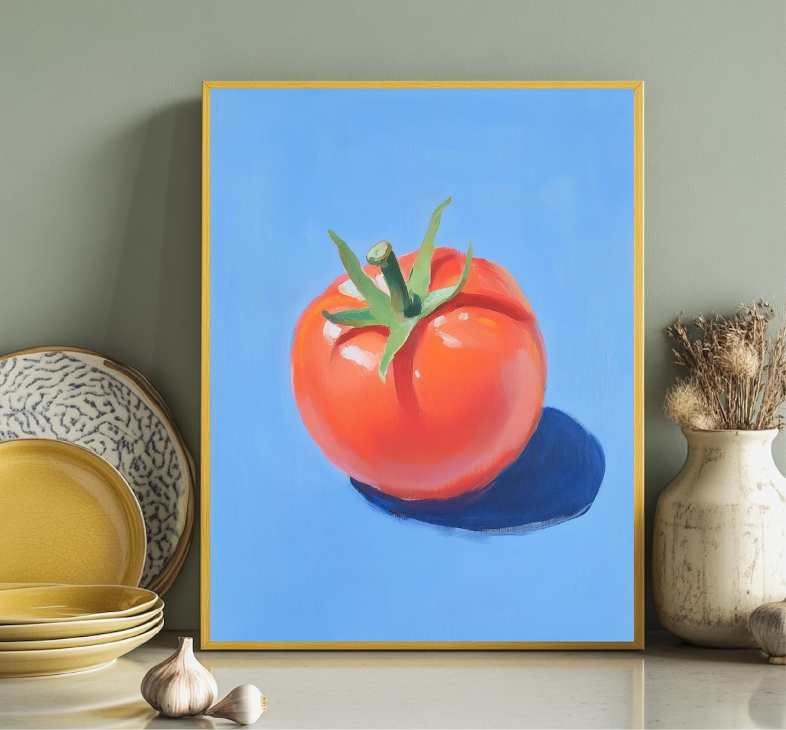 Ripe Red Tomato Still Life Painting Blue Background Kitchen Poster - Image 3