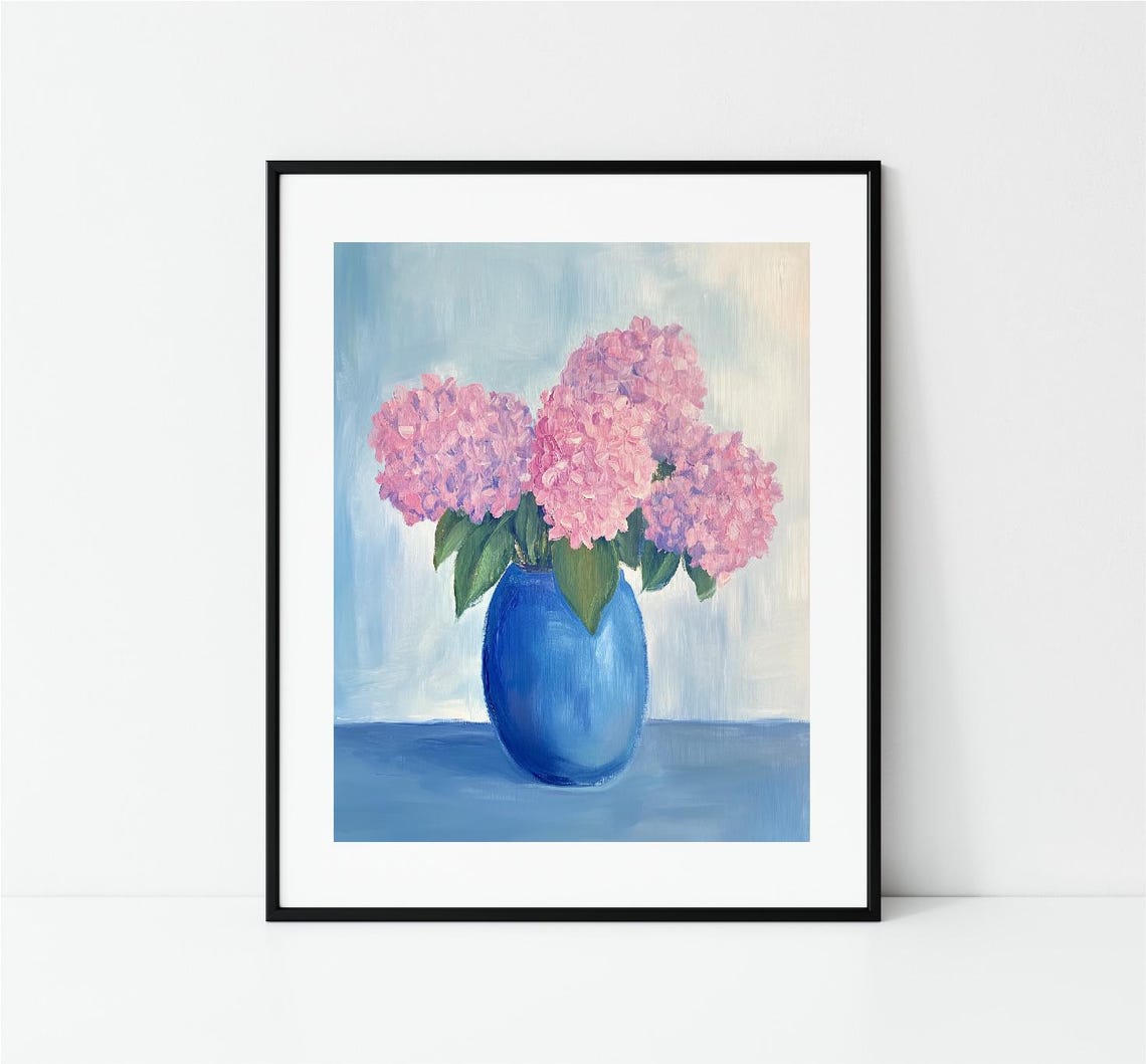 Pink Hydrangeas In Blue Vase Cheerful Floral Still Life Poster - Image 3