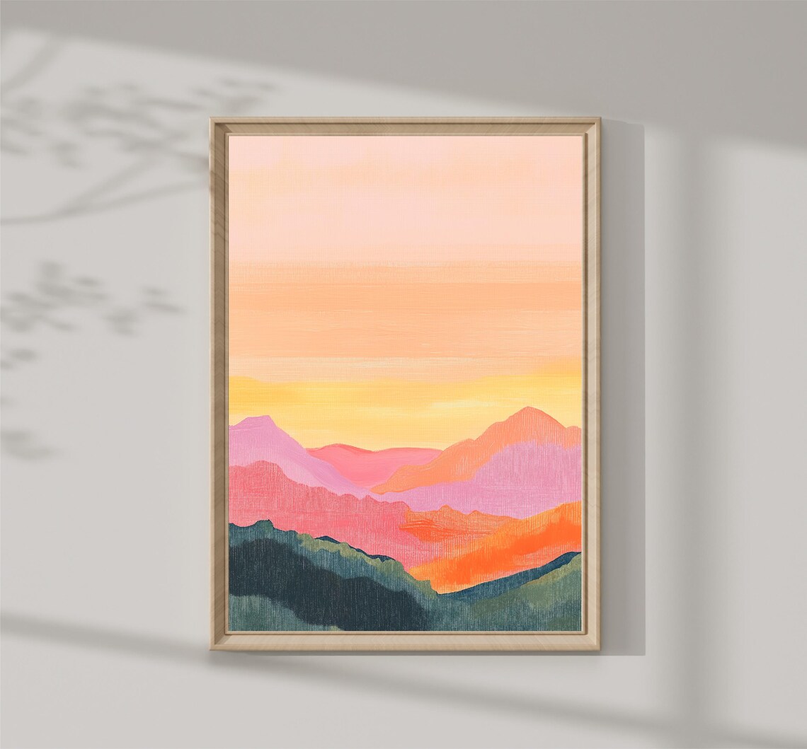 Layered Mountain Sunset Pink Orange Peaks Abstract Landscape Art Print