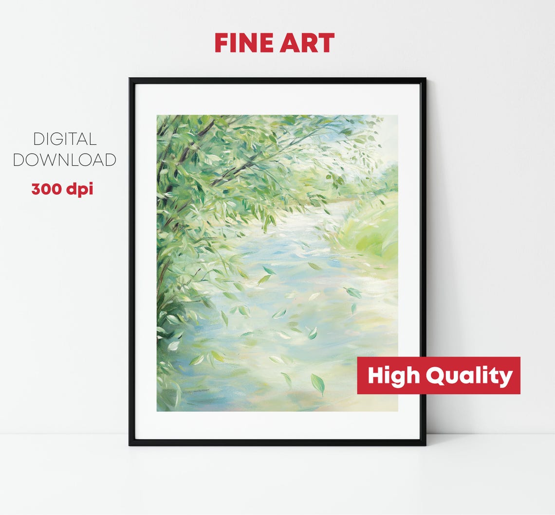 Summer Willow Riverbank Falling Leaves Tranquil Green Wall Art - Image 2