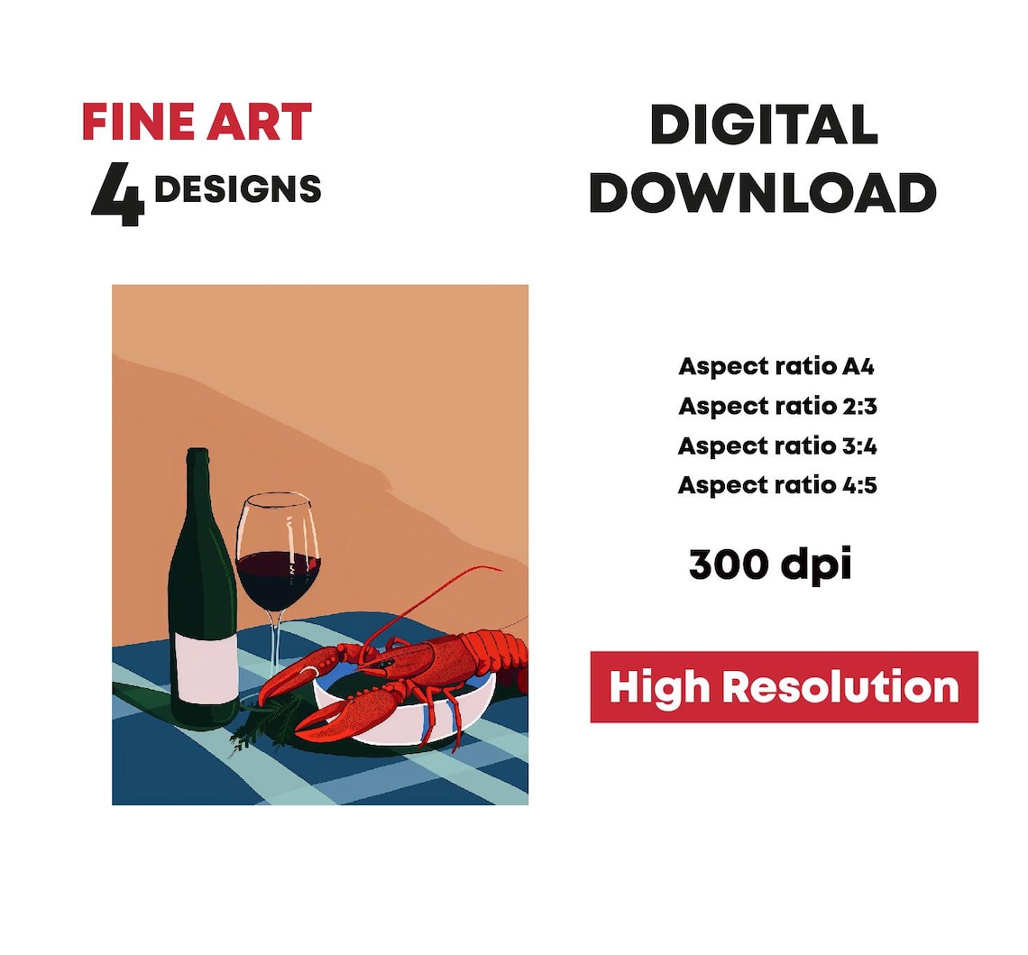 Red Wine Bottle Lobster Still Life Retro Kitchen Illustration Print - Image 3