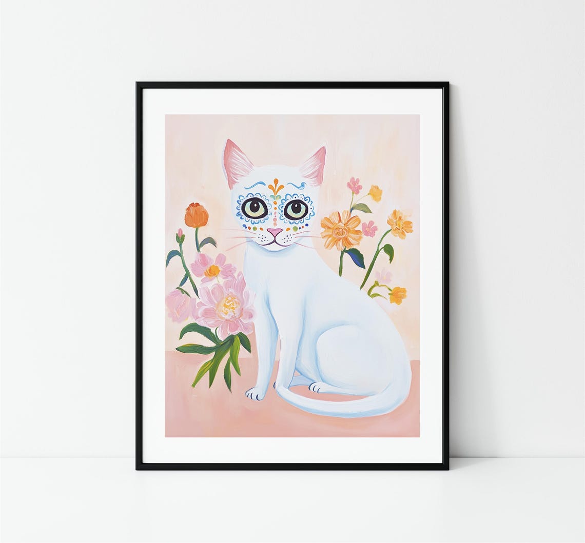 White Cat Sugar Skull Floral Face Painted Kitty Blossom Art Poster - Image 3