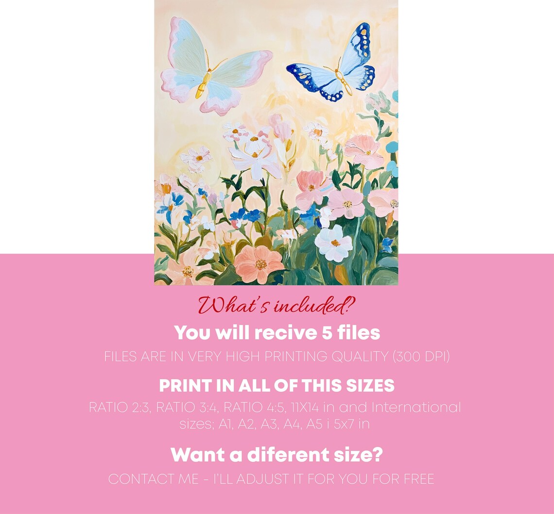 Butterflies Wildflower Meadow Pink Blue Blooms Garden Art Poster - Image 2