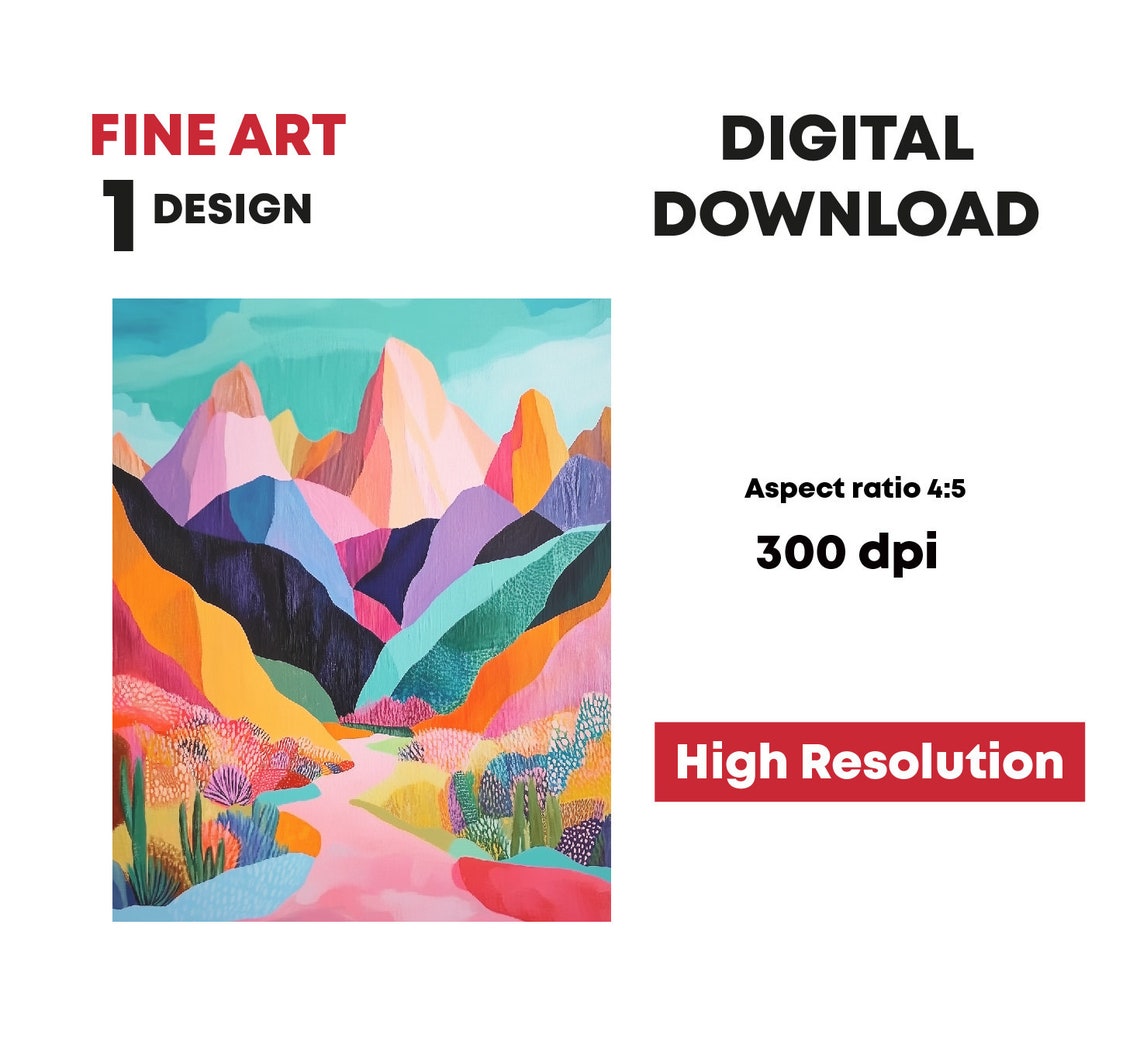 Vibrant Abstract Mountain Valley Pink Path Landscape Wall Art - Image 2