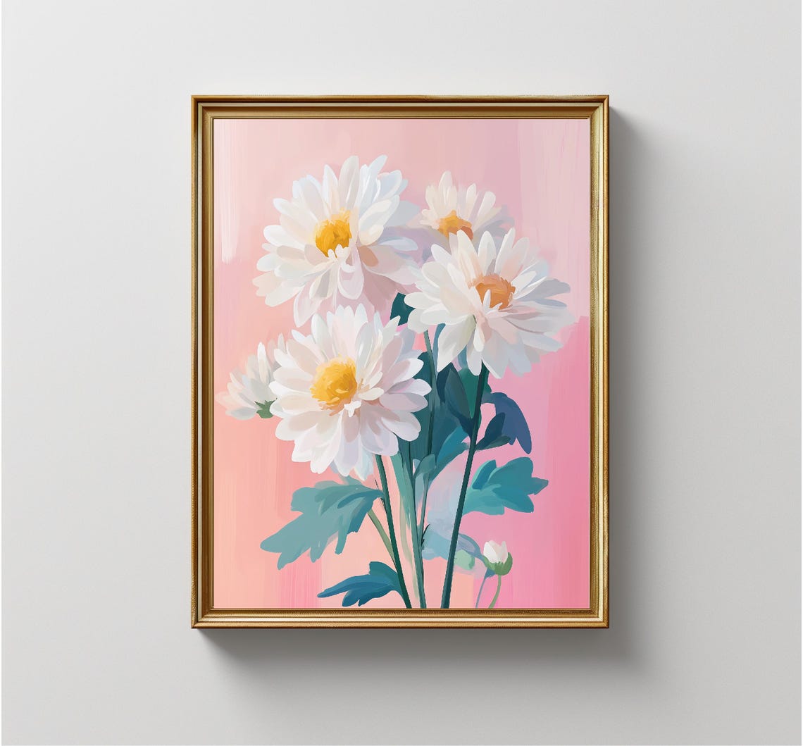 White Daisy Bouquet Yellow Centers Pink Background Floral Art Print - Image 4