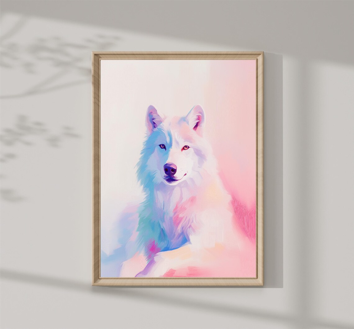 Cute Pastel Husky Dog Portrait Pink Blue Nursery Animal Wall Art