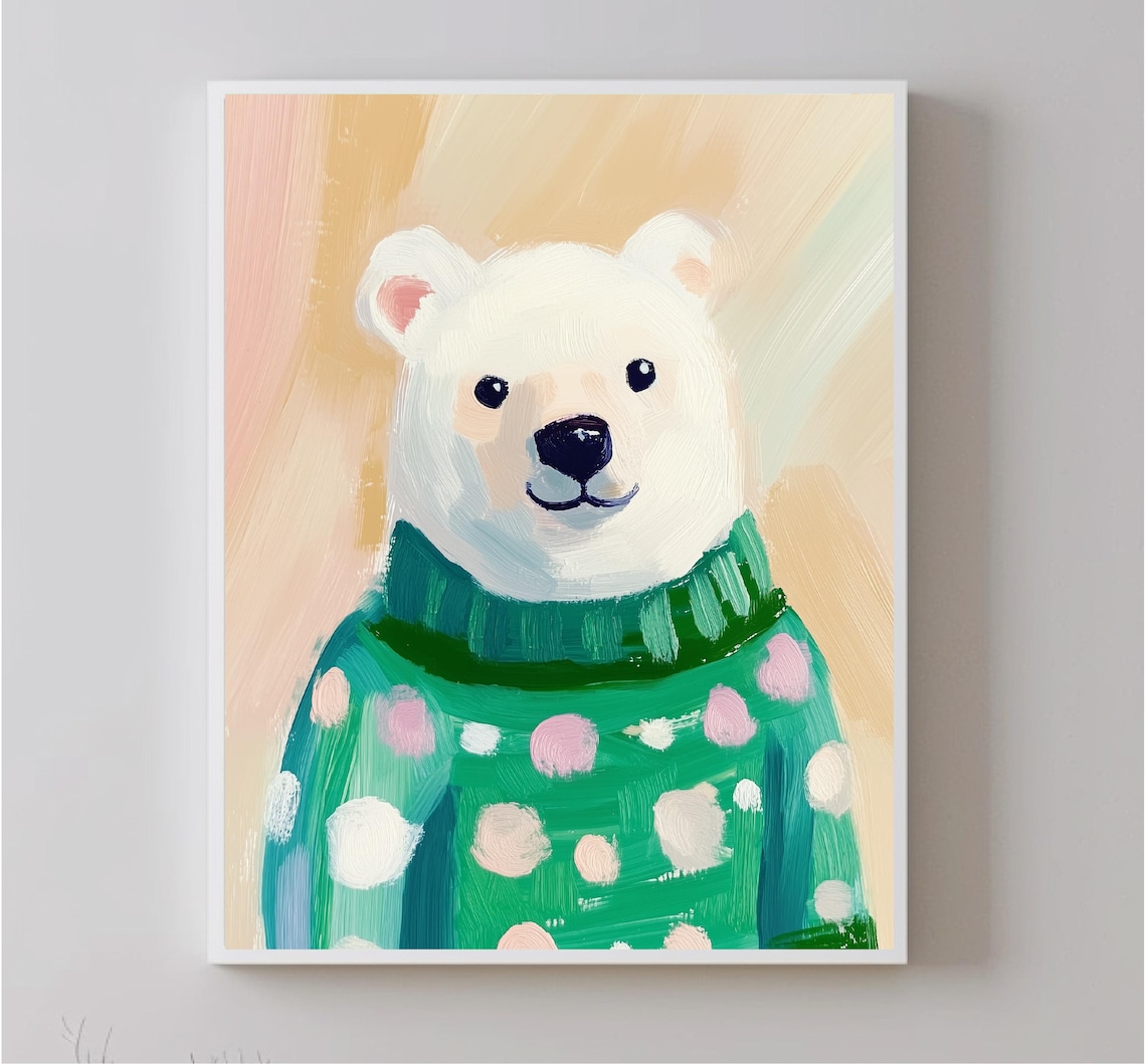 Polar Bear Portrait In Green Polka Dot Sweater Cute Nursery Wall Art