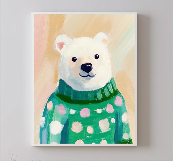 Polar Bear Portrait In Green Polka Dot Sweater Cute Nursery Wall Art