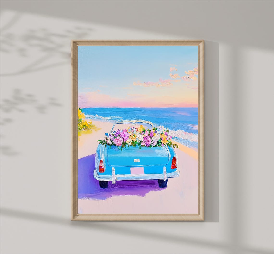 Vintage Blue Convertible Beach Sunset Flowers Trunk Road Trip Poster