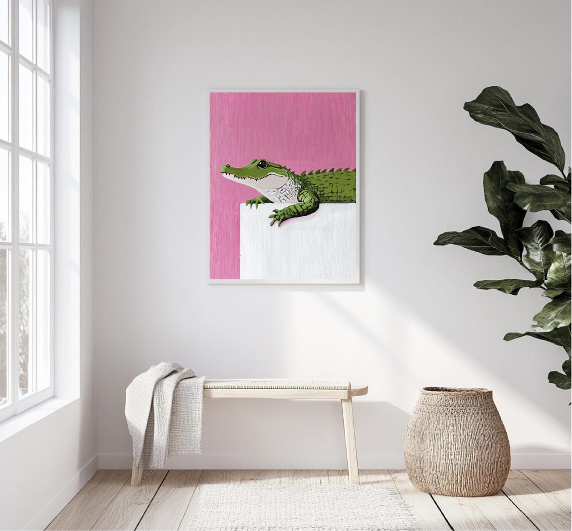 Smiling Green Crocodile Peeking Over Ledge Pink Background Print - Image 5