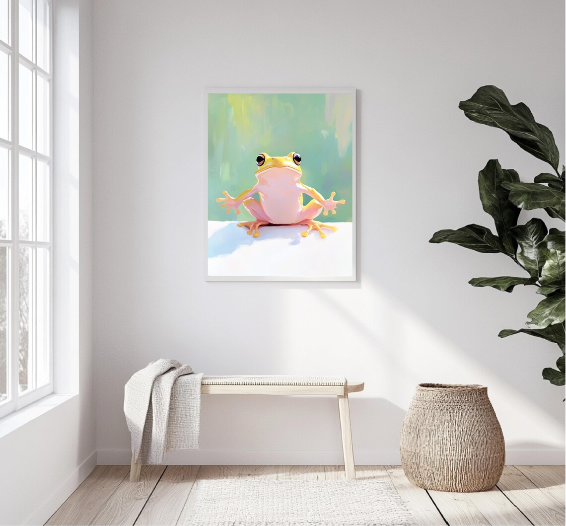 Cute Pink Tree Frog Big Eyes Pastel Green Nursery Wall Art Print - Image 5