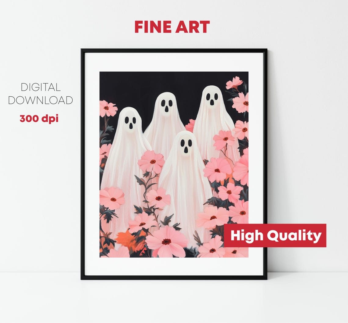 Cute White Ghosts Pink Flowers Black Background Halloween Poster - Image 2